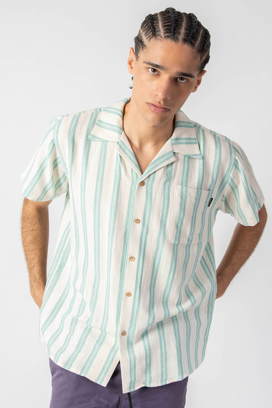 SHIRT M/C OZAN STRIPES IVORY/AQUA