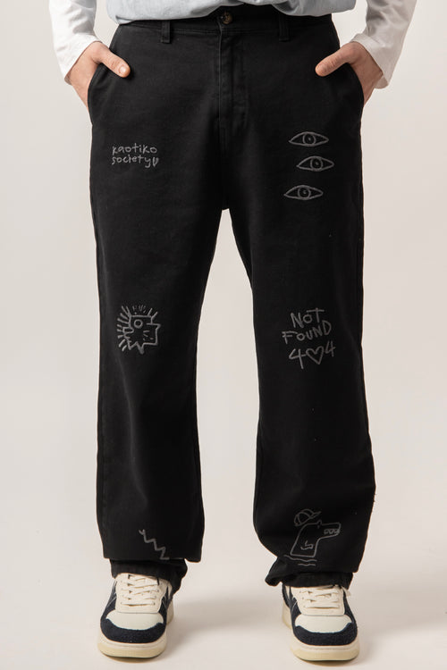 Relaxed Urban Embroidered Black Pants